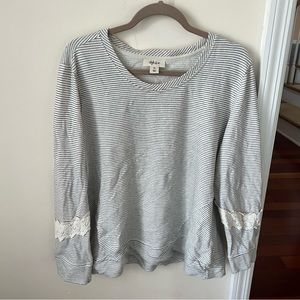 Women’s Black & White Stripe Pullover Sweatshirt with Lace Wrist Detail